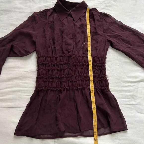 Moda international sheer silk Burgundy Y2K ruffle waist blouse long sleeves - Picture 8 of 8